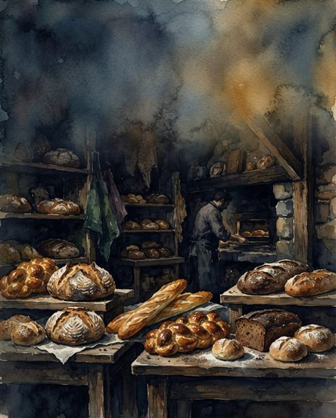 Watercolor illustration of fresh baked bread, wide shot with open space at the top for text, moody dark tones, dramatic lighting, 4:5 aspect ratio