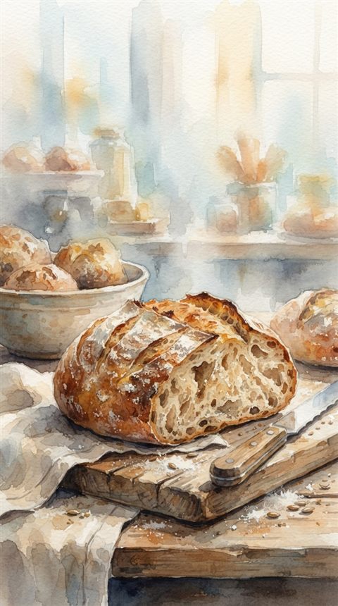 Watercolor illustration of fresh baked bread, close-up detail with shallow depth of field, misty morning haze, dreamy, 9:16 aspect ratio