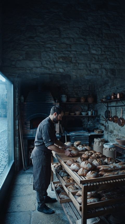 Cinematic film still of fresh baked bread, wide shot with open space at the top for text, cool blue tones, quiet atmosphere, 9:16 aspect ratio