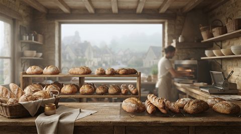 Photorealistic photo of fresh baked bread, wide shot with open space at the top for text, misty morning haze, dreamy, 16:9 aspect ratio
