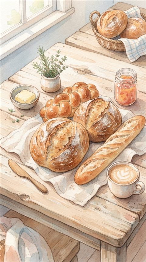 Watercolor illustration of fresh baked bread, high-angle view from above, soft pastel colors, bright and cozy, 9:16 aspect ratio