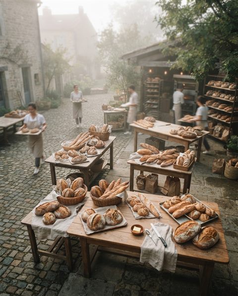 Cinematic film still of fresh baked bread, high-angle view from above, misty morning haze, dreamy, 4:5 aspect ratio