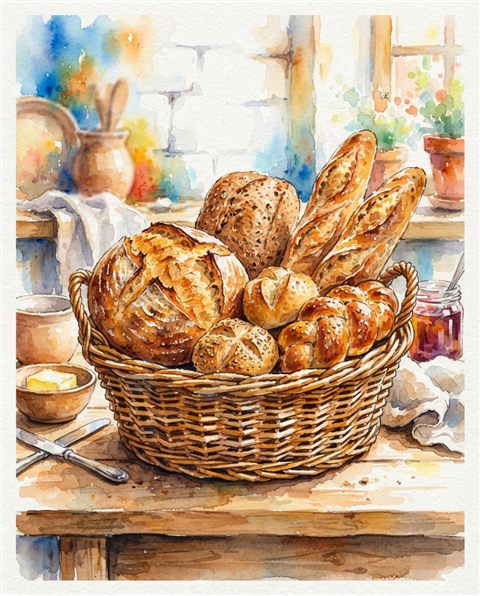 Watercolor illustration of fresh baked bread, centered subject with a simple uncluttered composition, vivid colors, high contrast, energetic, 4:5 aspect ratio