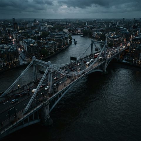 Photorealistic photo of bridge over a river, high-angle view from above, moody dark tones, dramatic lighting, 1:1 aspect ratio