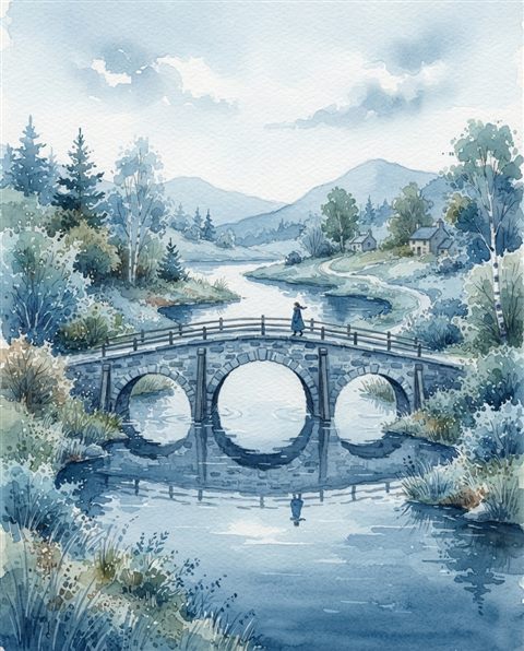 Watercolor illustration of bridge over a river, centered subject with a simple uncluttered composition, cool blue tones, quiet atmosphere, 4:5 aspect ratio