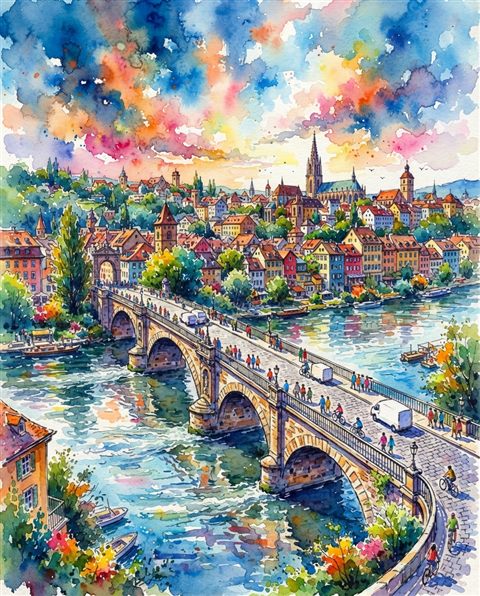 Watercolor illustration of bridge over a river, wide shot with open space at the top for text, vivid colors, high contrast, energetic, 4:5 aspect ratio
