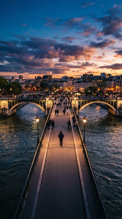 Cinematic film still of bridge over a river, centered subject with a simple uncluttered composition, vivid colors, high contrast, energetic, 9:16 aspect ratio