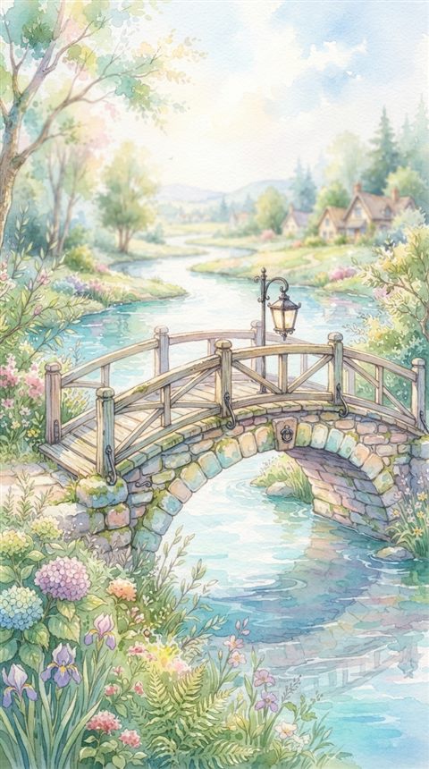 Watercolor illustration of bridge over a river, close-up detail with shallow depth of field, soft pastel colors, bright and cozy, 9:16 aspect ratio