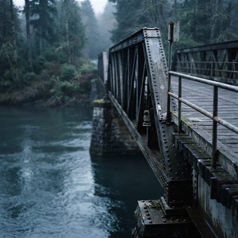 Photorealistic photo of bridge over a river, close-up detail with shallow depth of field, cool blue tones, quiet atmosphere, 1:1 aspect ratio