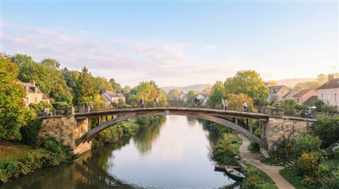 Photorealistic photo of bridge over a river, wide shot with open space at the top for text, soft pastel colors, bright and cozy, 16:9 aspect ratio