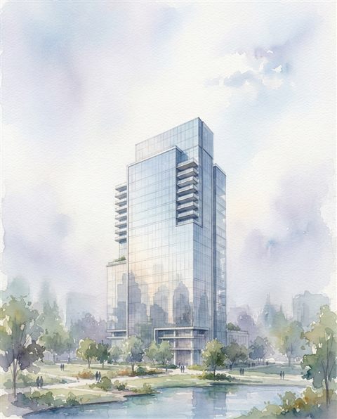 Watercolor illustration of modern glass building, wide shot with open space at the top for text, misty morning haze, dreamy, 4:5 aspect ratio