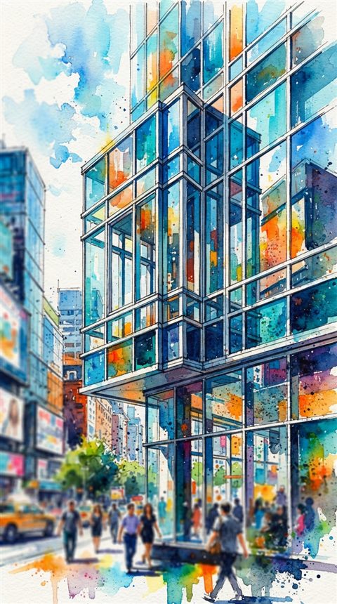 Watercolor illustration of modern glass building, close-up detail with shallow depth of field, vivid colors, high contrast, energetic, 9:16 aspect ratio