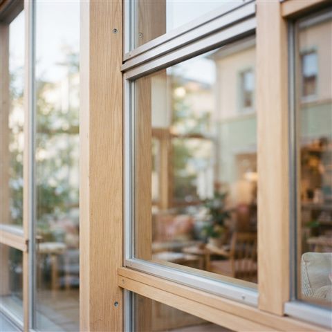 Photorealistic photo of modern glass building, close-up detail with shallow depth of field, soft pastel colors, bright and cozy, 1:1 aspect ratio