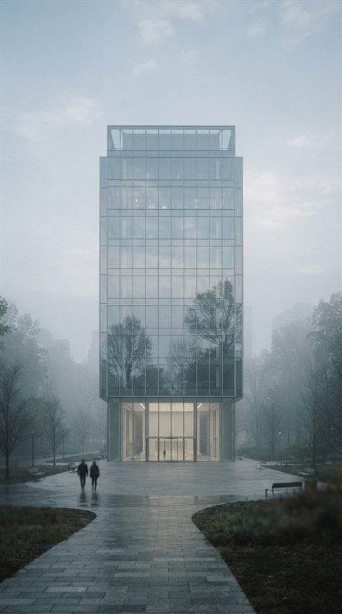 Cinematic film still of modern glass building, centered subject with a simple uncluttered composition, misty morning haze, dreamy, 9:16 aspect ratio