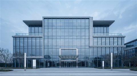 Photorealistic photo of modern glass building, centered subject with a simple uncluttered composition, cool blue tones, quiet atmosphere, 16:9 aspect ratio