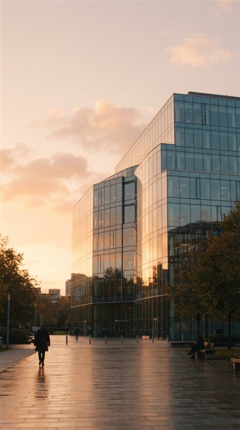 Cinematic film still of modern glass building, wide shot with open space at the top for text, warm golden light, calm mood, 9:16 aspect ratio