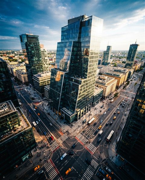 Cinematic film still of modern glass building, high-angle view from above, vivid colors, high contrast, energetic, 4:5 aspect ratio