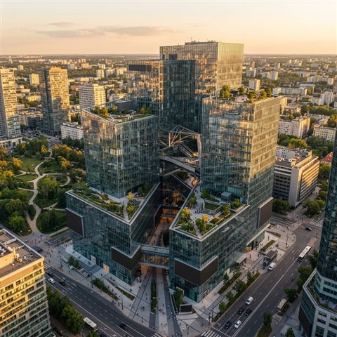 Photorealistic photo of modern glass building, high-angle view from above, warm golden light, calm mood, 1:1 aspect ratio