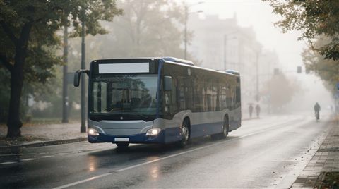 거리를 달리는 시내버스, 사실적인 사진, 단순하고 깔끔한 구도 가운데 놓인 피사체, 아침 안개, 몽환적인 분위기, 16:9 비율