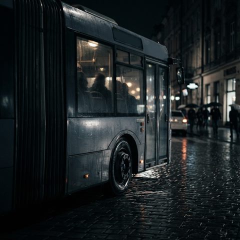 거리를 달리는 시내버스, 사실적인 사진, 가까이 담은 디테일, 얕은 심도, 어두운 톤, 극적인 조명, 1:1 비율