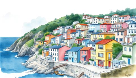 Watercolor illustration of A scenic coastal view with colorful seaside houses cascading down a hill toward the ocean, centered subject with a simple uncluttered composition, cool blue tones, quiet atmosphere, 16:9 aspect ratio