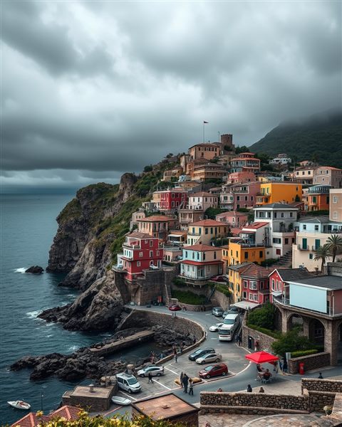 Photorealistic photo of A scenic coastal view with colorful seaside houses cascading down a hill toward the ocean, wide shot with open space at the top for text, moody dark tones, dramatic lighting, 4:5 aspect ratio