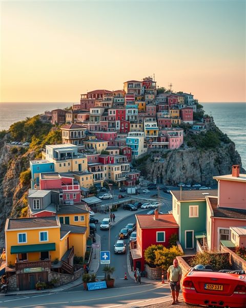 Cinematic film still of A scenic coastal view with colorful seaside houses cascading down a hill toward the ocean, wide shot with open space at the top for text, vivid colors, high contrast, energetic, 4:5 aspect ratio