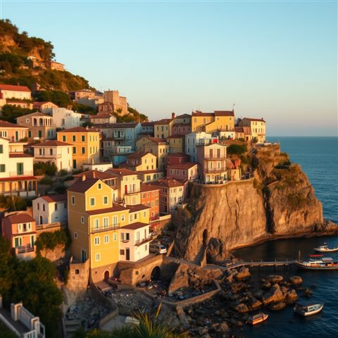 Photorealistic photo of A scenic coastal view with colorful seaside houses cascading down a hill toward the ocean, close-up detail with shallow depth of field, warm golden light, calm mood, 1:1 aspect ratio