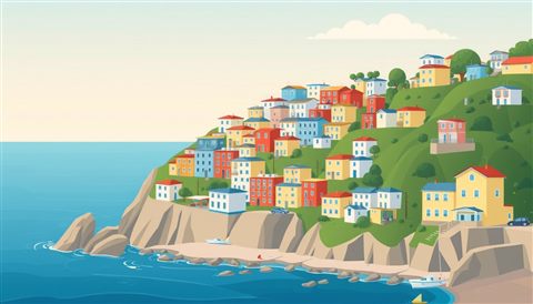 Minimal flat illustration of A scenic coastal view with colorful seaside houses cascading down a hill toward the ocean, high-angle view from above, soft pastel colors, bright and cozy, 16:9 aspect ratio