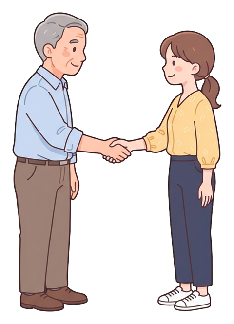Simple cute flat cartoon illustration with soft pastel colors and thin clean dark outlines of two office workers, an older man and a young woman, shaking hands to make a deal, transparent background PNG