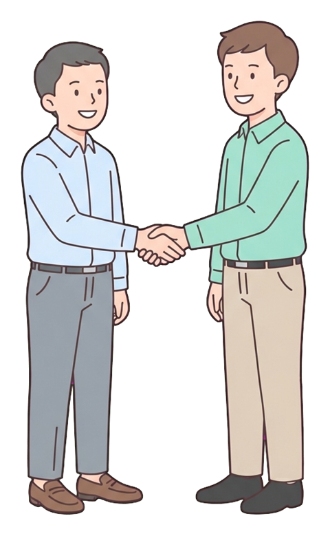 Simple cute flat cartoon illustration with soft pastel colors and thin clean dark outlines of two office workers, both men, shaking hands to make a deal, transparent background PNG