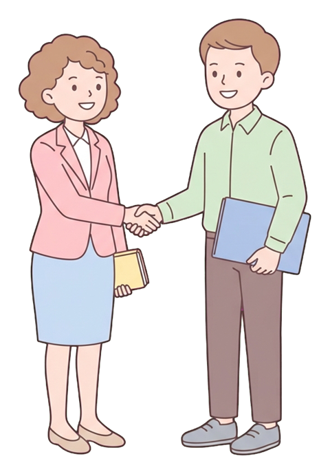 Simple cute flat cartoon illustration with soft pastel colors and thin clean dark outlines of two office workers, a woman and a man, shaking hands to make a deal, transparent background PNG