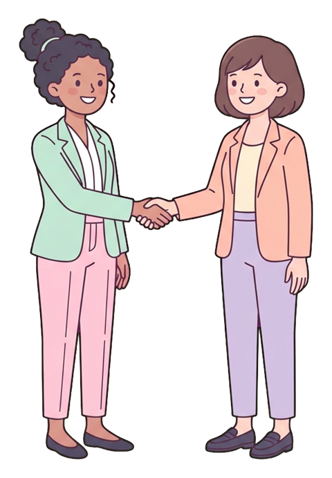 Simple cute flat cartoon illustration with soft pastel colors and thin clean dark outlines of two office workers, both women, shaking hands to make a deal, transparent background PNG