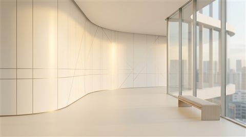 Minimal abstract design of modern corporate background with subtle geometric lines and empty space, simple balanced layout, warm golden light, calm mood, 16:9 aspect ratio