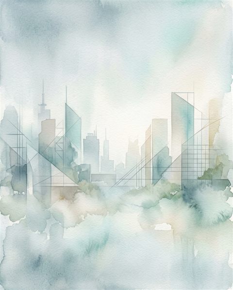Watercolor texture design of modern corporate background with subtle geometric lines and empty space, simple balanced layout, misty morning haze, dreamy, 4:5 aspect ratio