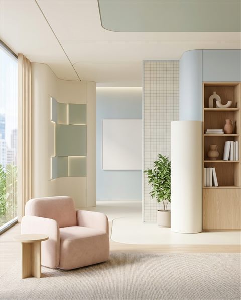 Soft 3d render of modern corporate background with subtle geometric lines and empty space, simple balanced layout, soft pastel colors, bright and cozy, 4:5 aspect ratio