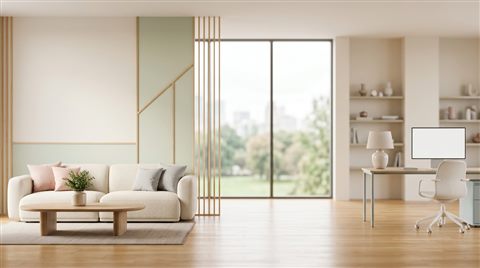 Soft photorealistic background photo of modern corporate background with subtle geometric lines and empty space, simple balanced layout, soft pastel colors, bright and cozy, 16:9 aspect ratio