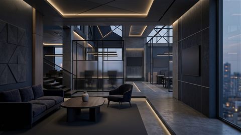 Soft 3d render of modern corporate background with subtle geometric lines and empty space, simple balanced layout, moody dark tones, dramatic lighting, 16:9 aspect ratio