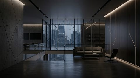 Soft photorealistic background photo of modern corporate background with subtle geometric lines and empty space, simple balanced layout, moody dark tones, dramatic lighting, 16:9 aspect ratio