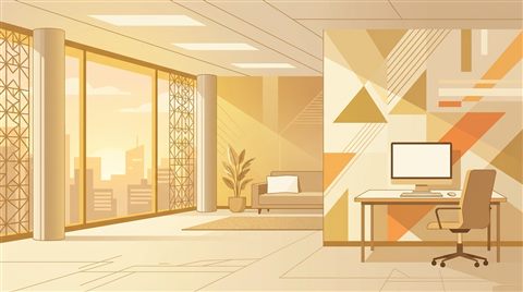 Flat vector design of modern corporate background with subtle geometric lines and empty space, simple balanced layout, warm golden light, calm mood, 16:9 aspect ratio
