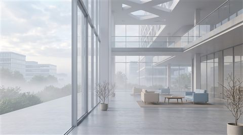 Soft 3d render of modern corporate background with subtle geometric lines and empty space, simple balanced layout, misty morning haze, dreamy, 16:9 aspect ratio