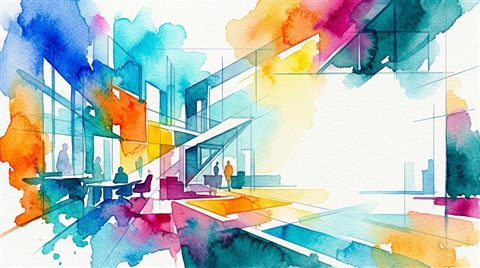 Watercolor texture design of modern corporate background with subtle geometric lines and empty space, simple balanced layout, vivid colors, high contrast, energetic, 16:9 aspect ratio