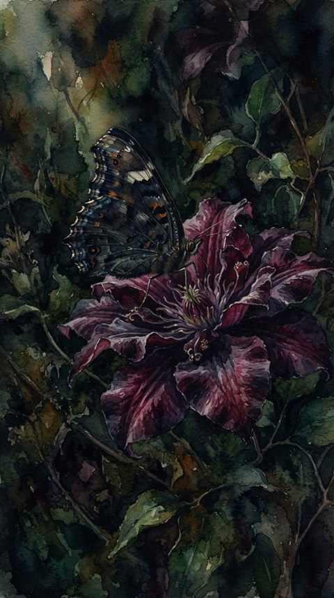 Watercolor illustration of butterfly on a flower, high-angle view from above, moody dark tones, dramatic lighting, 9:16 aspect ratio