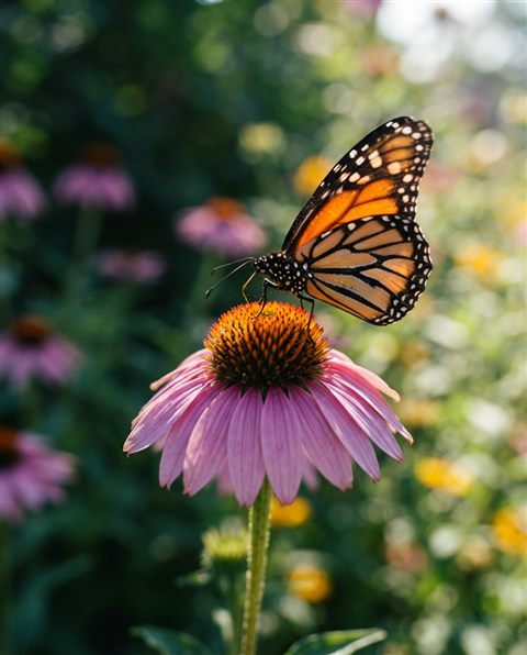 Cinematic film still of butterfly on a flower, close-up detail with shallow depth of field, vivid colors, high contrast, energetic, 4:5 aspect ratio