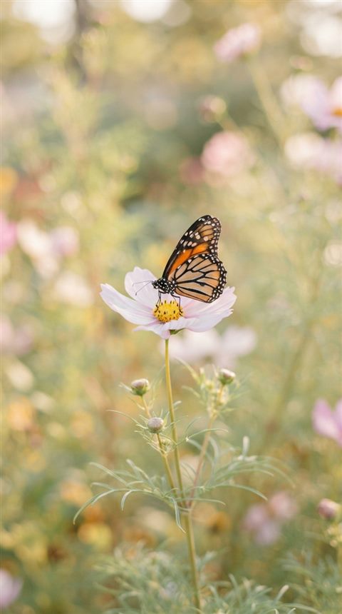 Cinematic film still of butterfly on a flower, centered subject with a simple uncluttered composition, soft pastel colors, bright and cozy, 9:16 aspect ratio