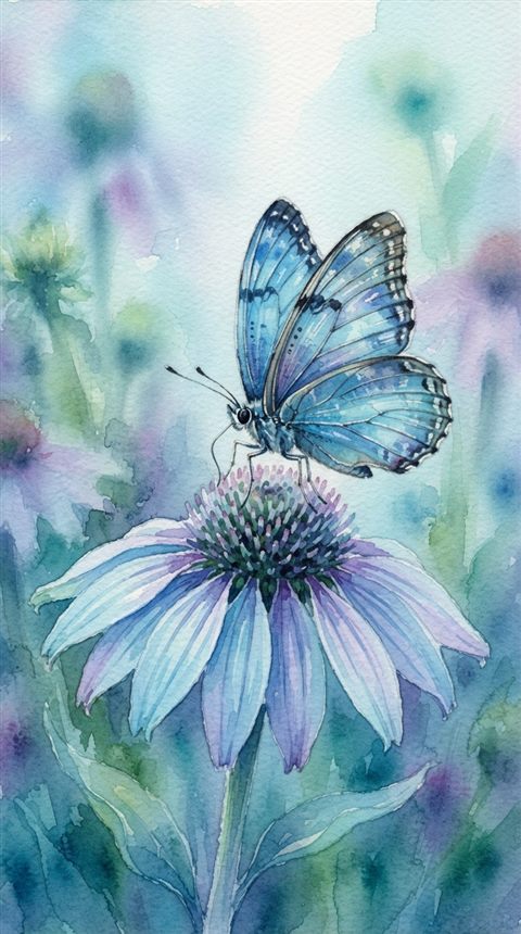 Watercolor illustration of butterfly on a flower, close-up detail with shallow depth of field, cool blue tones, quiet atmosphere, 9:16 aspect ratio