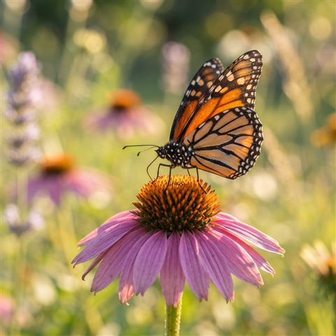 Photorealistic photo of butterfly on a flower, close-up detail with shallow depth of field, warm golden light, calm mood, 1:1 aspect ratio