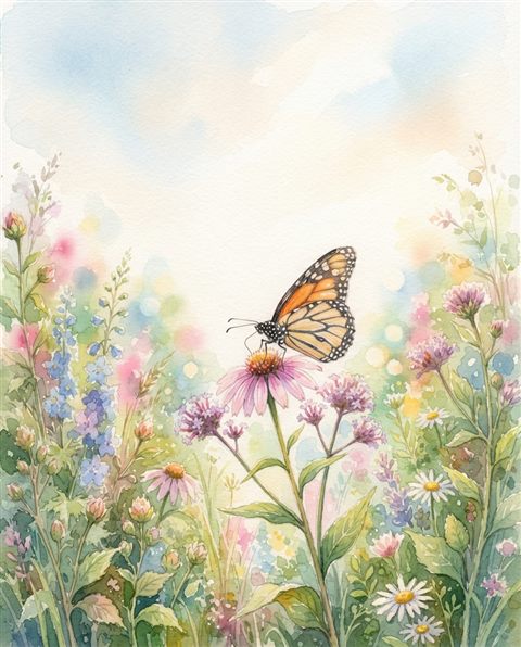 Watercolor illustration of butterfly on a flower, wide shot with open space at the top for text, soft pastel colors, bright and cozy, 4:5 aspect ratio