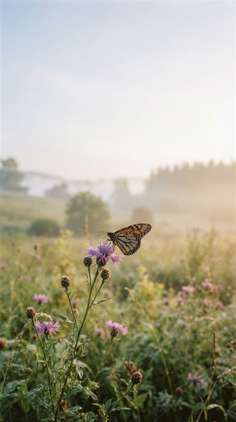 Cinematic film still of butterfly on a flower, wide shot with open space at the top for text, misty morning haze, dreamy, 9:16 aspect ratio