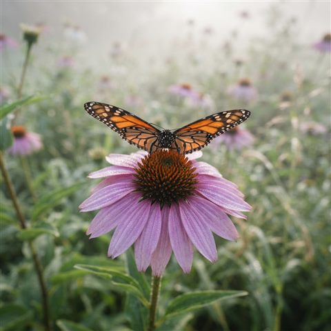 Photorealistic photo of butterfly on a flower, high-angle view from above, misty morning haze, dreamy, 1:1 aspect ratio